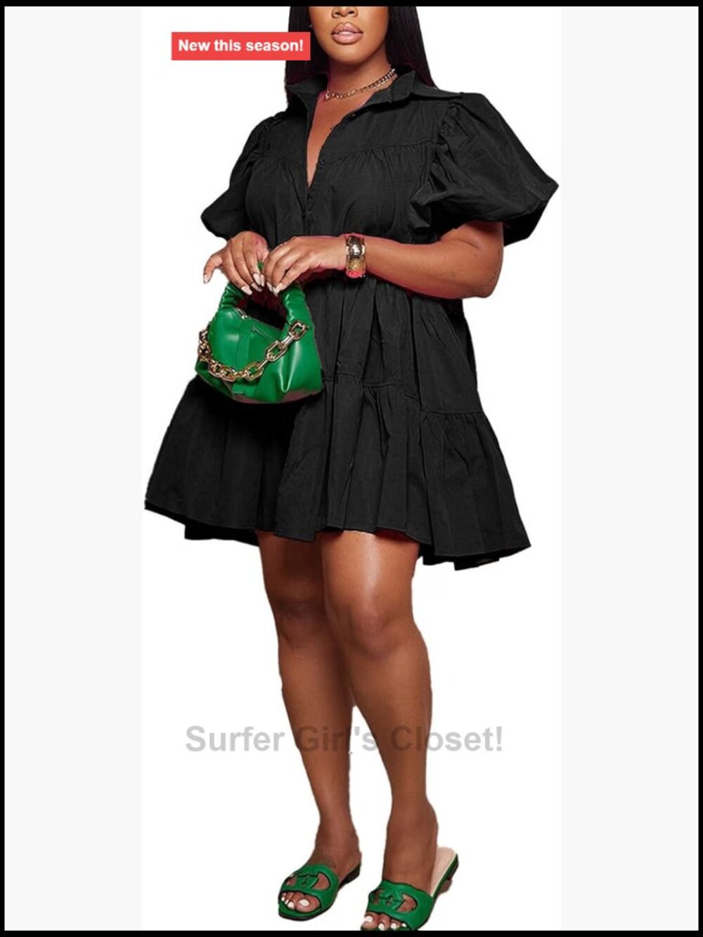 Women's Babydoll Dress Loose Puff Sleeves Ruffle Hem Pleated Shirt Dress Casual
